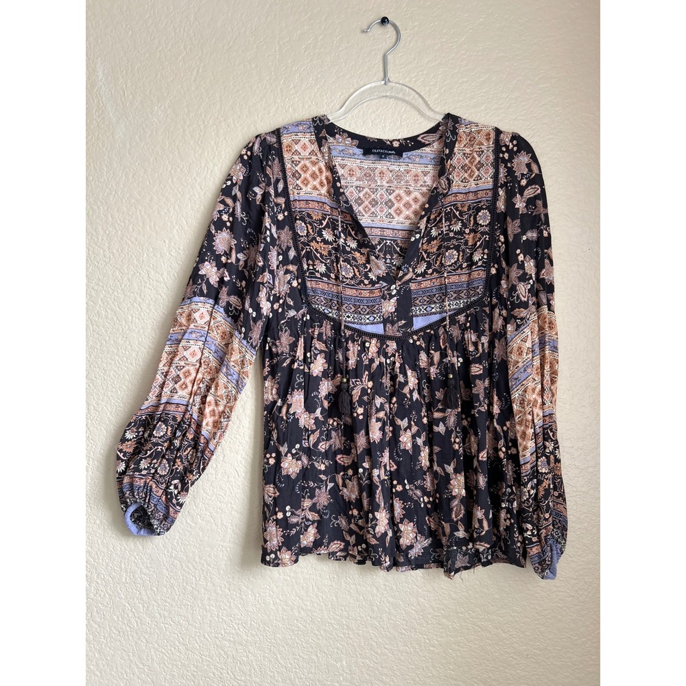 Olivaceous Boho Floral Print Babydoll Top Black Brown Small Tassel Puffy‎ Fairy